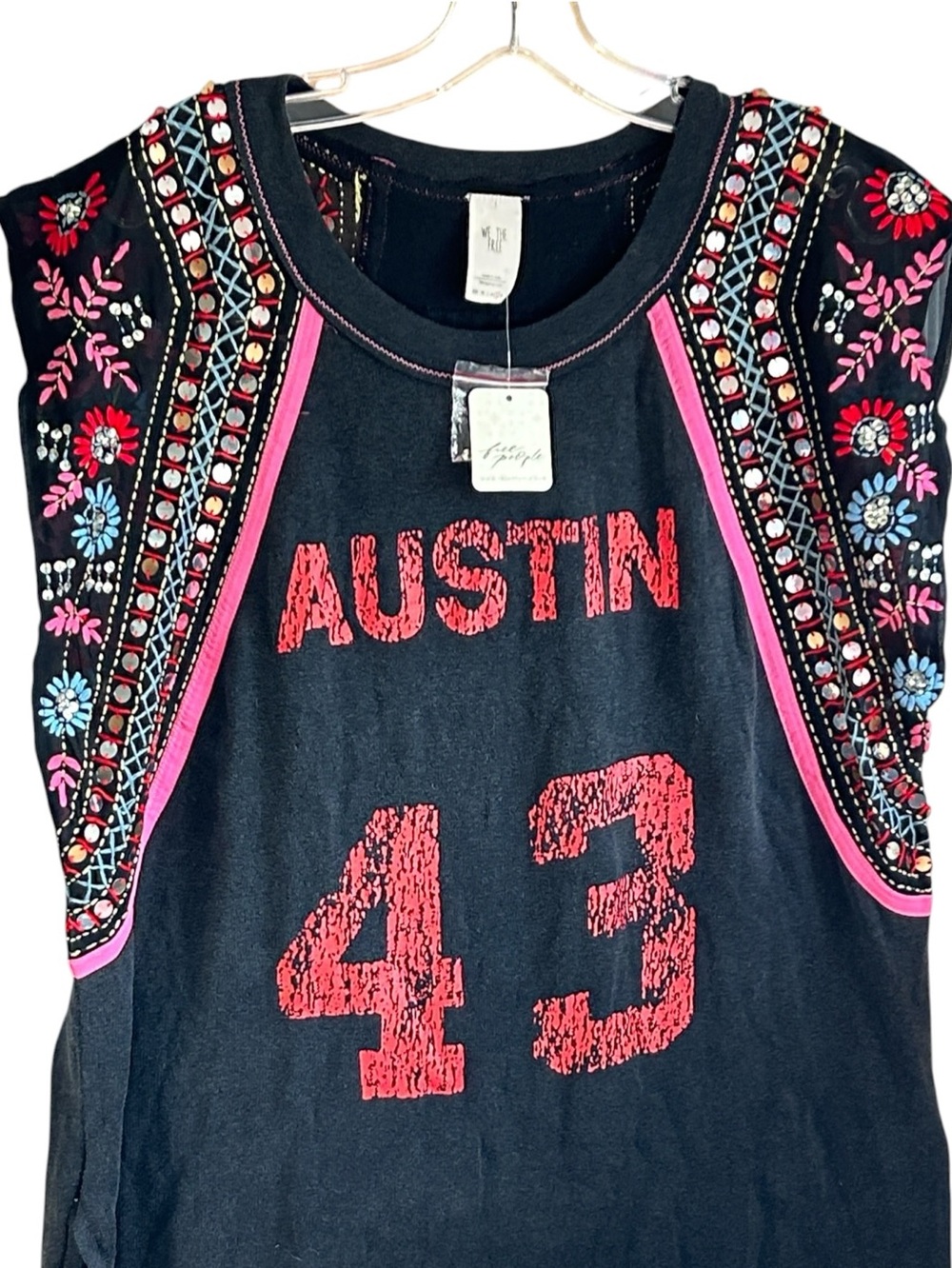 Free People x We The Free Washed Black Summer Nights Sequined AUSTIN 43 Tee LG - Picture 3 of 10